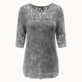 women comfortable nice looking loose fit T-shirt with lace shoulder snow washed graphite gray blouse lace tunic round neck top